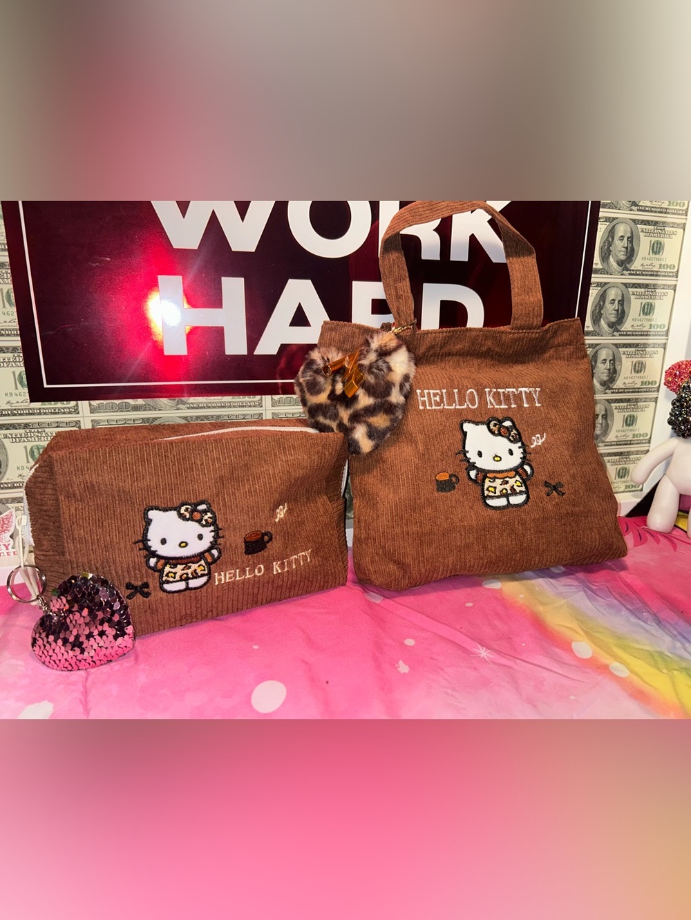 Hello Kitty Brown Corduroy Tote and Zip Pouch Set with Leopard Heart Charm
